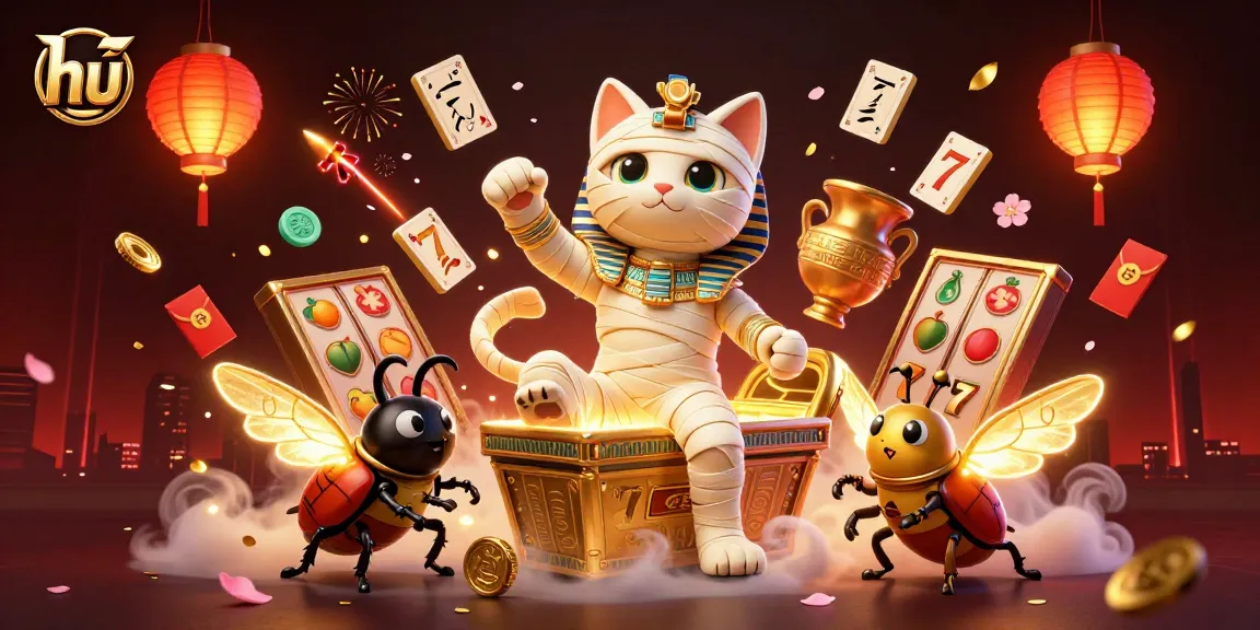 Activate luck with the stunning hu-themed casino illustration featuring an Egyptian mummy cat amidst vibrant slots and gold confetti.