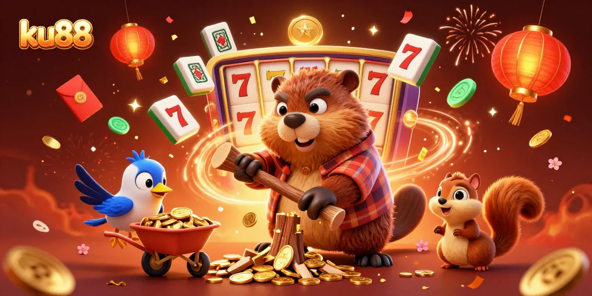 ku88 casino-themed illustration with playful characters and vibrant slot machines