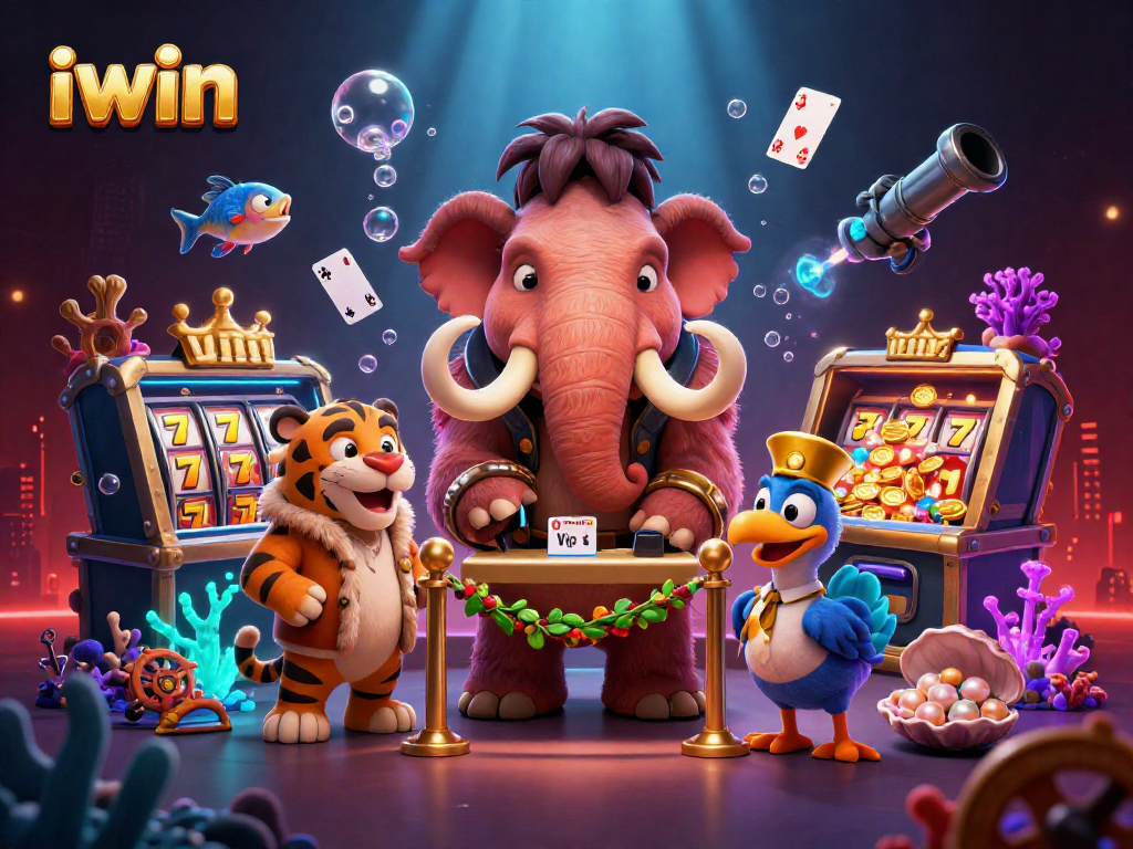 Experience thrilling iwin gameplay with a woolly mammoth bouncer and VIP guests in this vibrant 3D scene.