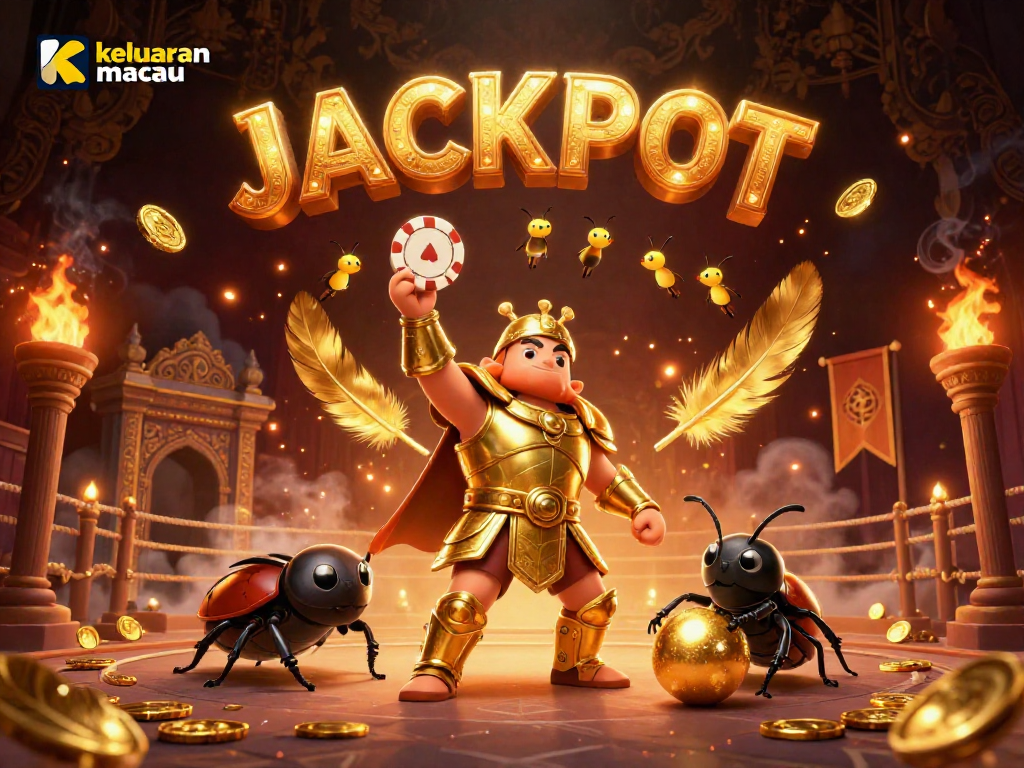 Experience the exciting keluaran macau with a 3D illustration showcasing a victorious beetle in a vibrant casino atmosphere.