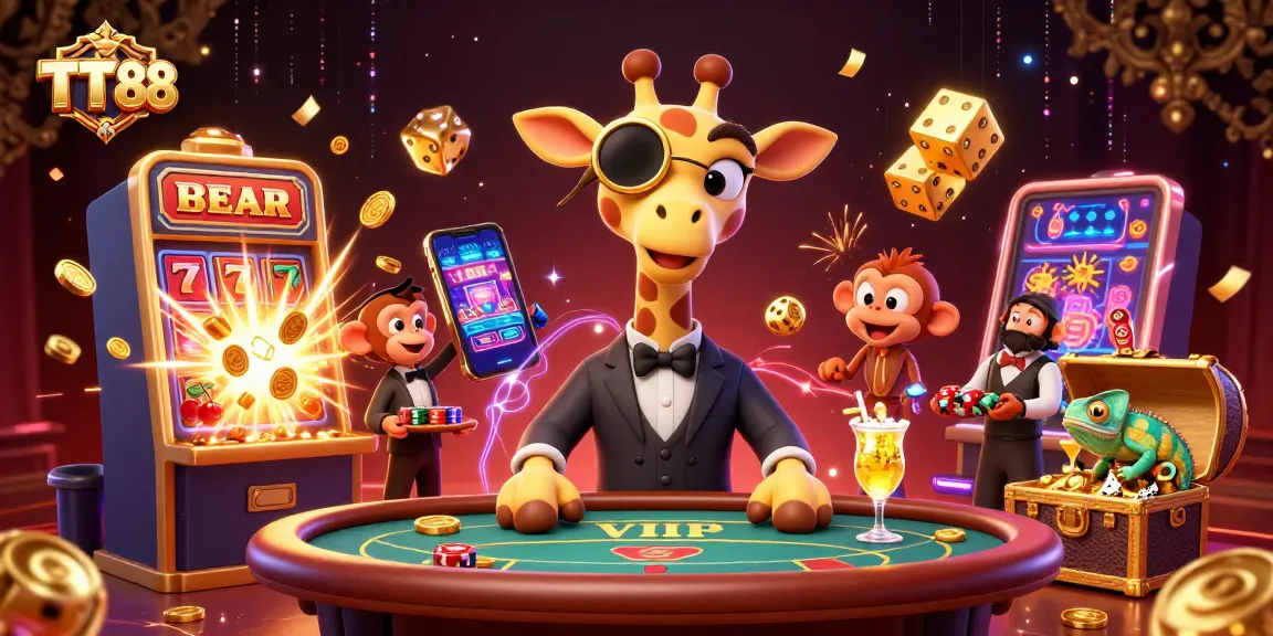 Experience thrilling casino entertainment with TT 88, featuring vibrant characters and enticing slot machines.