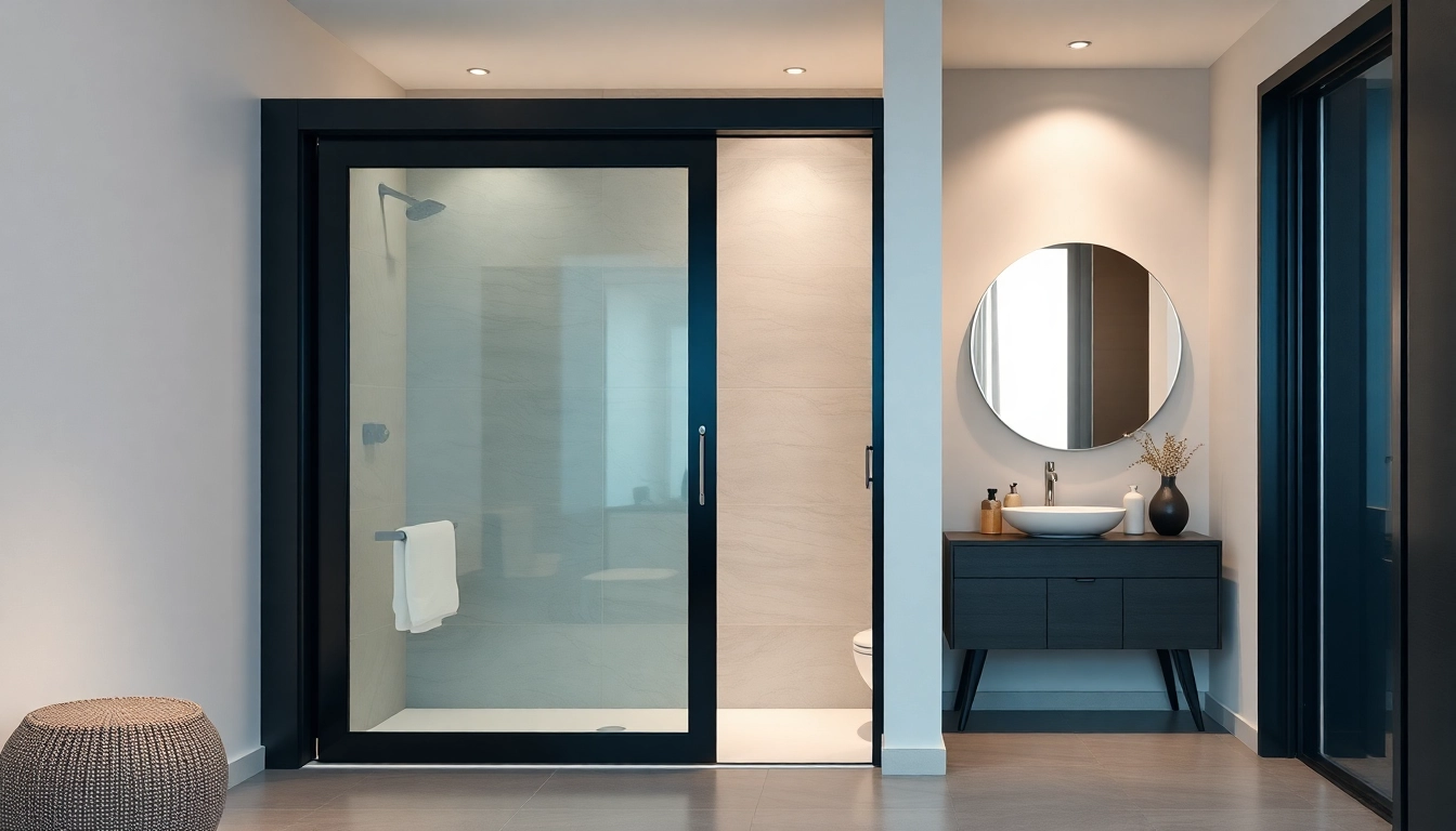 Showcase of black shower sliding door in a modern bathroom setting with elegant decor.