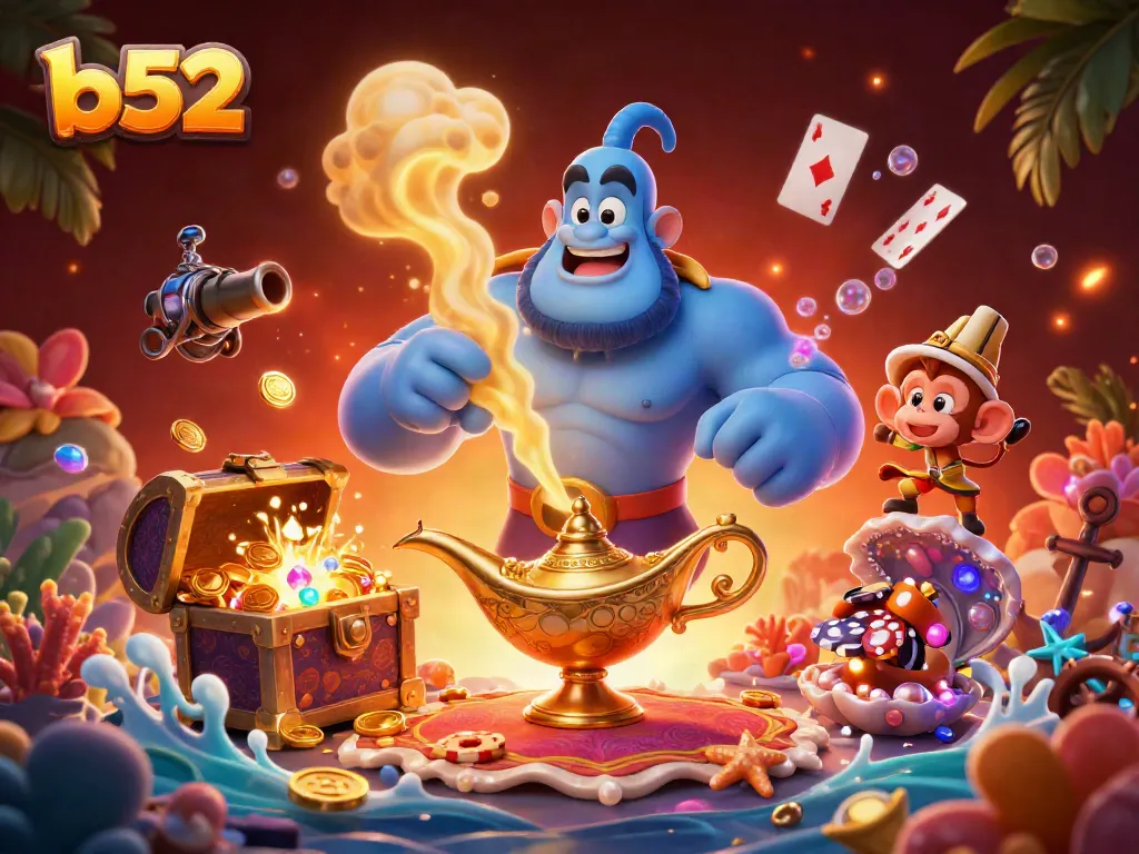 Engage with b52 casino games featuring a muscular blue genie and magical elements amidst vibrant treasure.