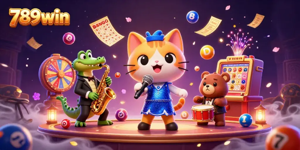 Engage in the vibrant world of 789win with a lively casino illustration featuring unique characters and dynamic game elements.