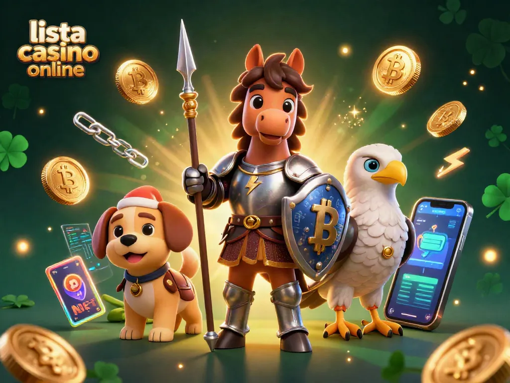 Scopri la lista casino online con un cavaliere medievale e simboli di criptovalute in un'illustrazione 3D vivace.