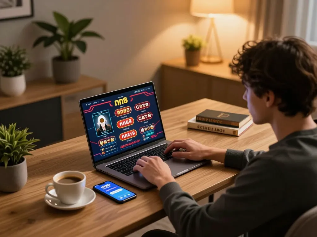 Player enjoying nn88 casino games on a laptop in a stylish gaming setup