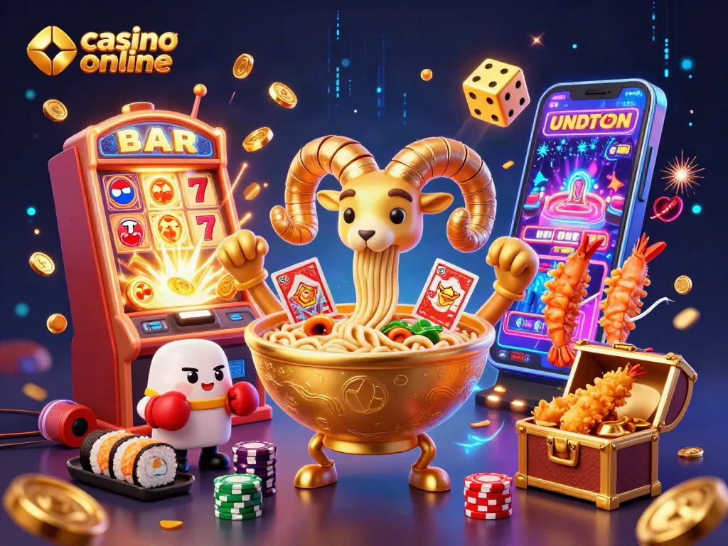 Gana en casino online con una ilustración animada de un tazón de ramen y personajes divertidos.