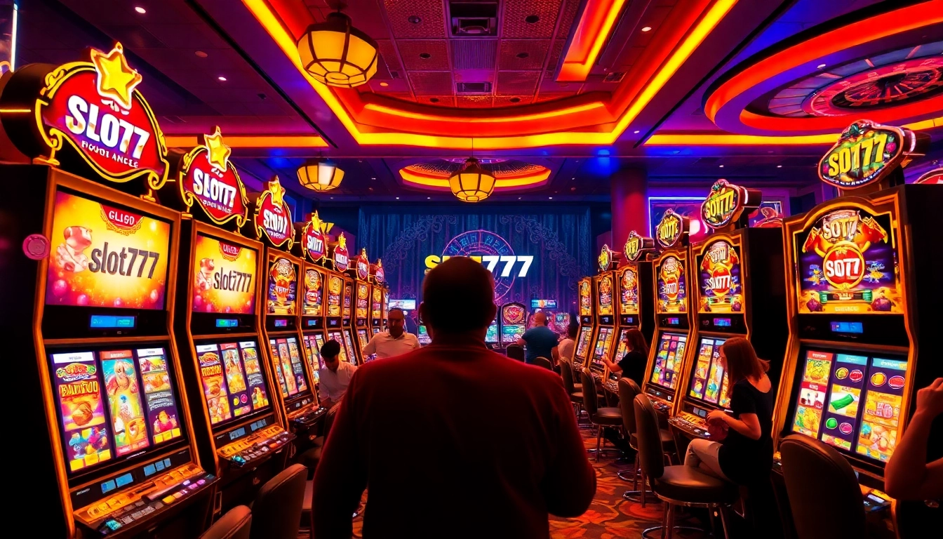 Engaged players enjoying slot777 machines in a vibrant casino setting, highlighting excitement and luxury.