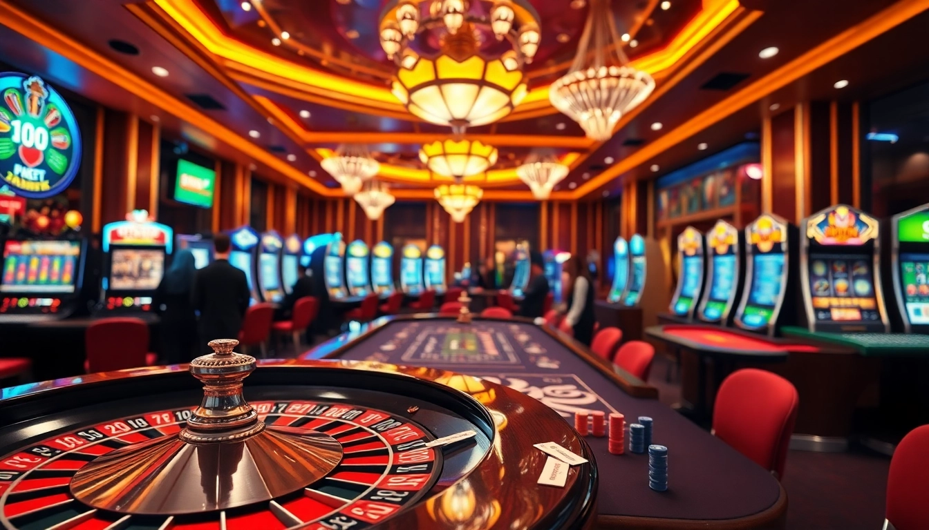 Experience the thrill of 8kbet while playing at a luxurious casino featuring a roulette wheel and poker table.