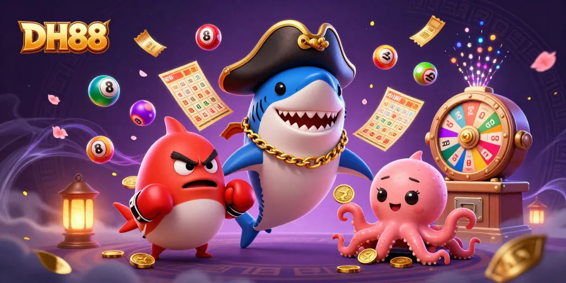 Experience thrilling gaming at DH88 with colorful lottery elements and animated characters.