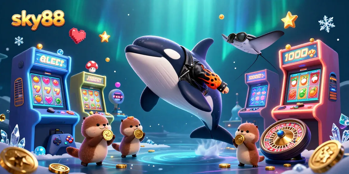 Experience thrilling gaming at sky88 with vibrant characters, slot machines, and aquatic themes.