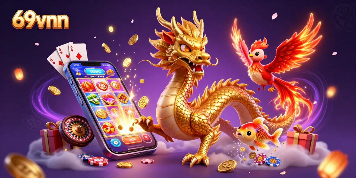 Experience thrilling gaming with 69vnn's engaging 3D illustration of a dragon, phoenix, and koi fish amidst winning casino elements.