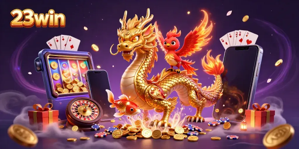 Experience the thrilling adventure of 23win with a dragon, phoenix, and koi fish amidst casino games.