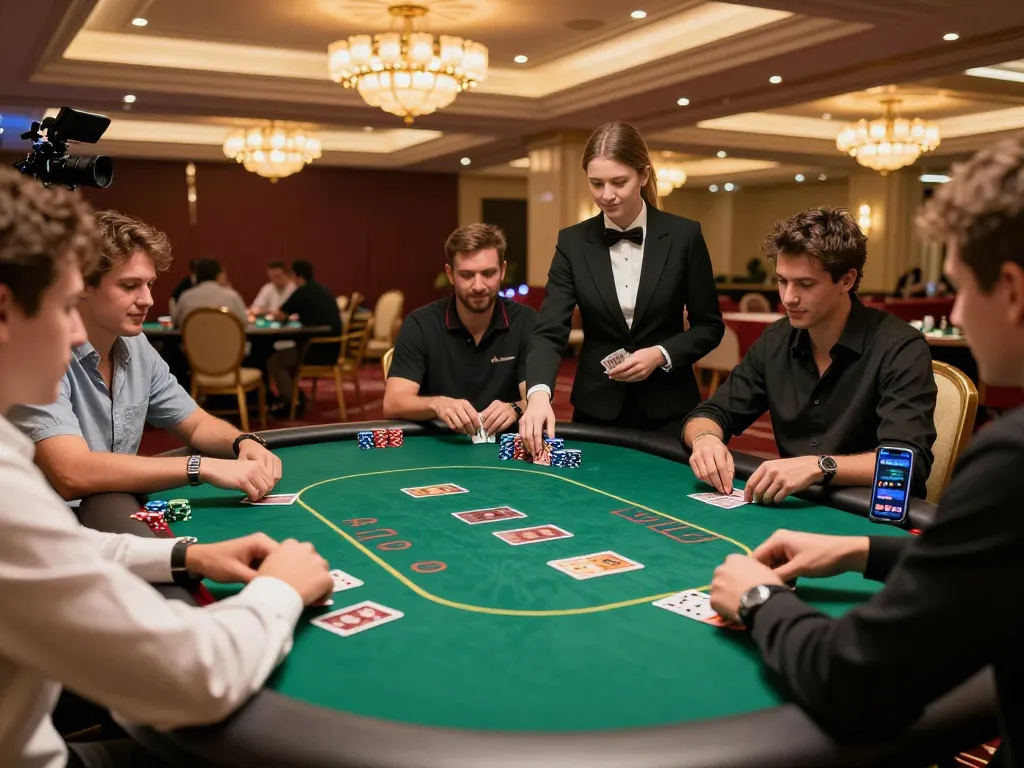 88betcom players engaging in a thrilling poker tournament at a luxury casino, capturing strategic moments and the competitive atmosphere.
