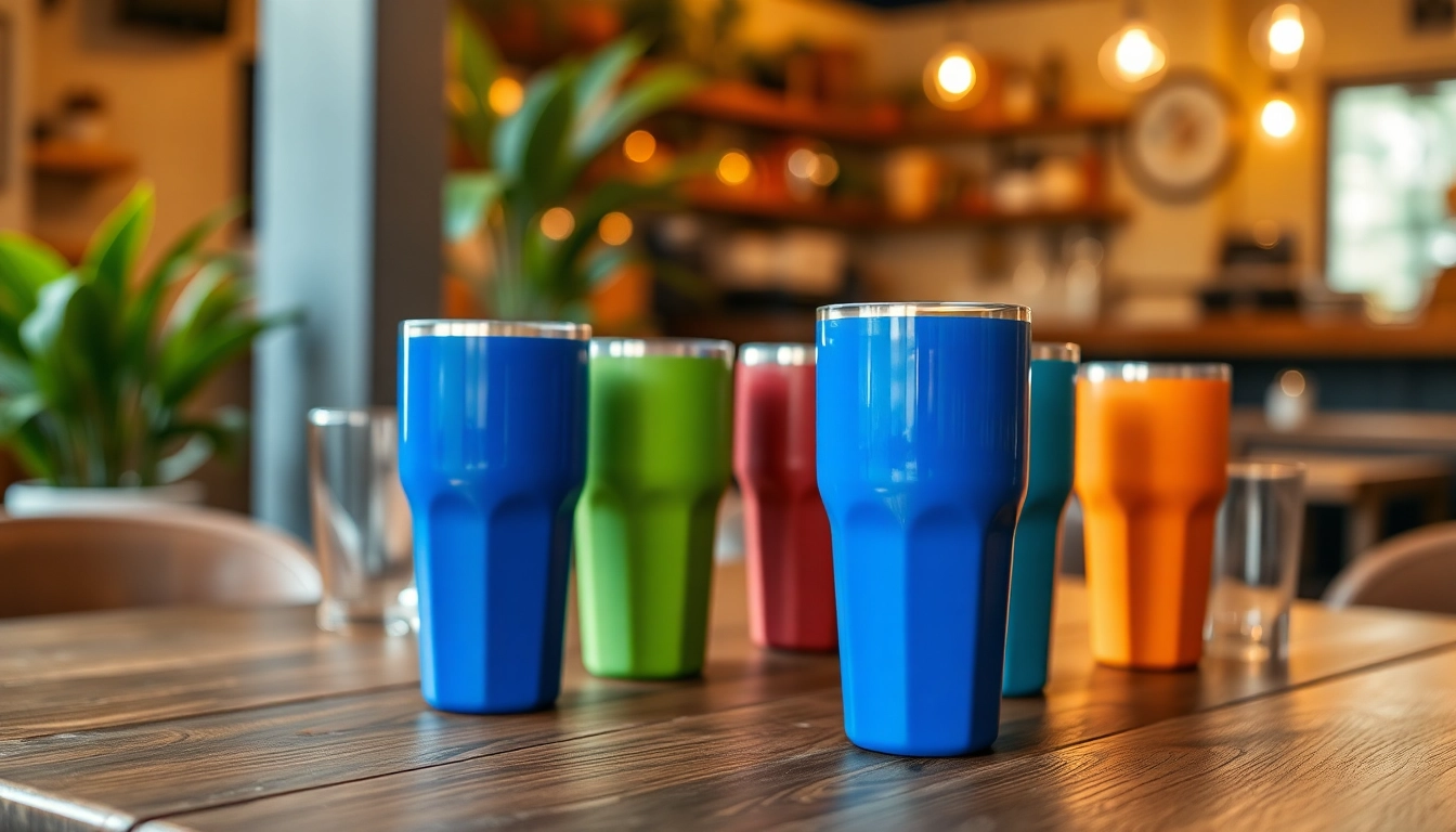 Vibrant tumblers displayed on a rustic table, showcasing customization options and unique designs.