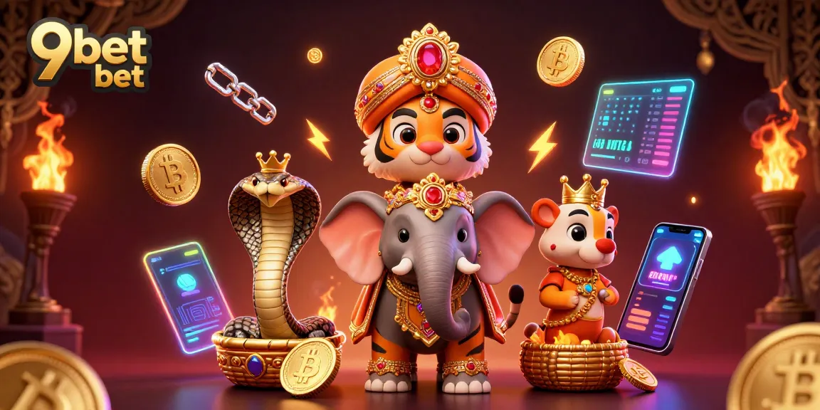Engage in the thrilling world of 9bet bet with a colorful scene featuring a tiger maharaja, an elephant, and crypto coins.