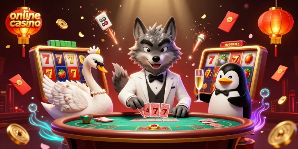 Juega en un casino online con emoción y premiaciones en una animada ilustración 3D.