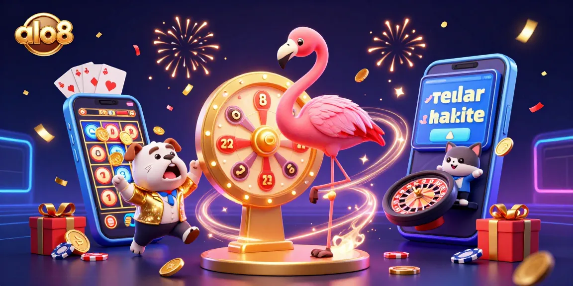 Experience exciting gameplay at alo8 with a vibrant 3D casino scene featuring games, prizes, and energetic characters.