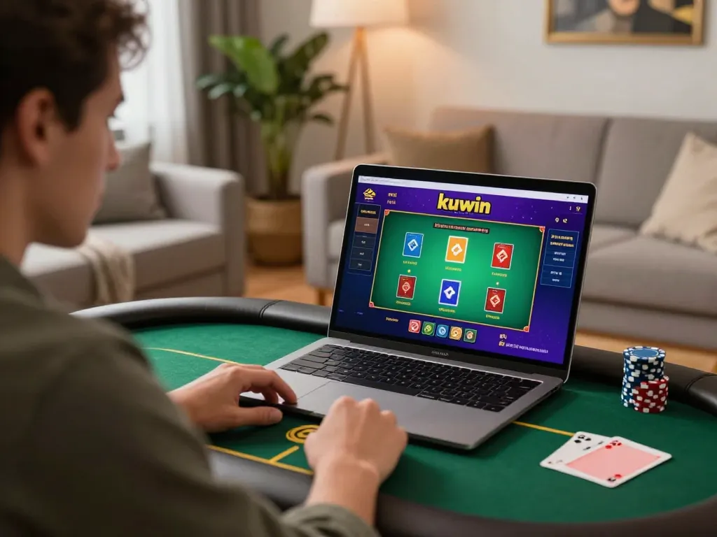 Kuwin player engaging in online gaming on laptop while strategizing with notes