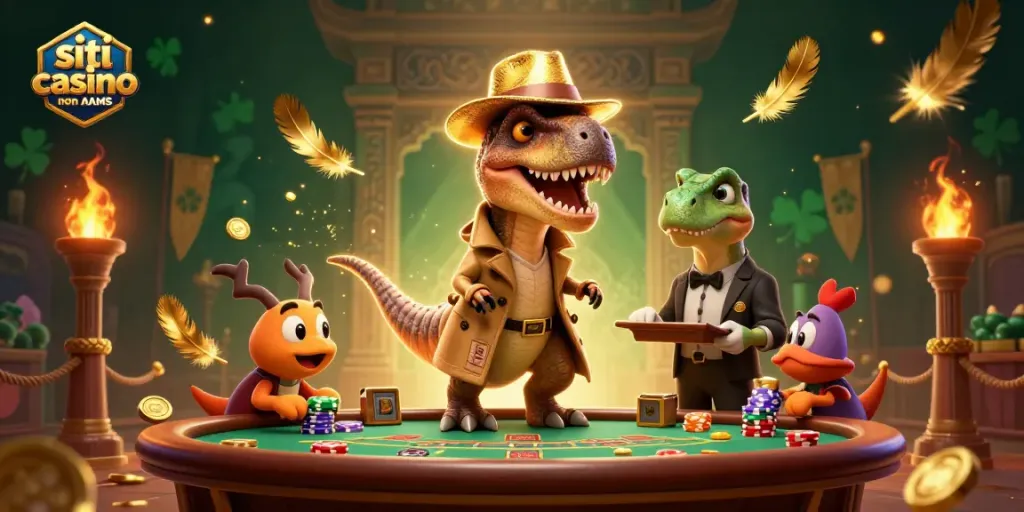 Scopri i migliori siti casino non AAMS con un velociraptor e un pit boss in un casinò animato.