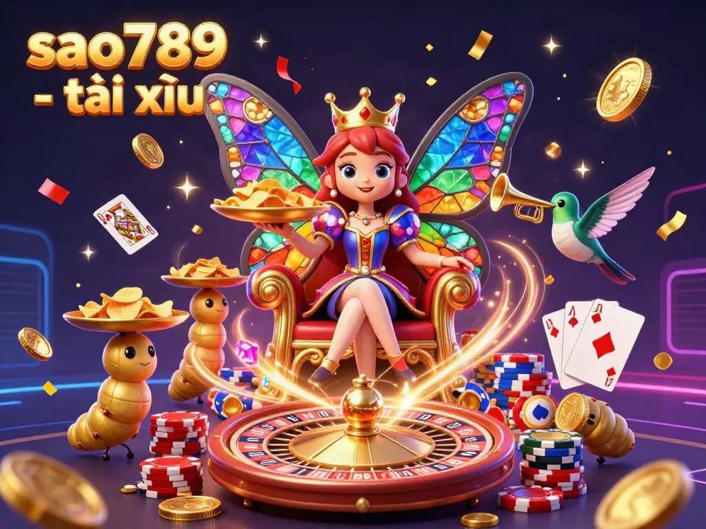 Experience the excitement of sao789 - tài xỉu with a vibrant 3D scene featuring a butterfly queen and gold chips.