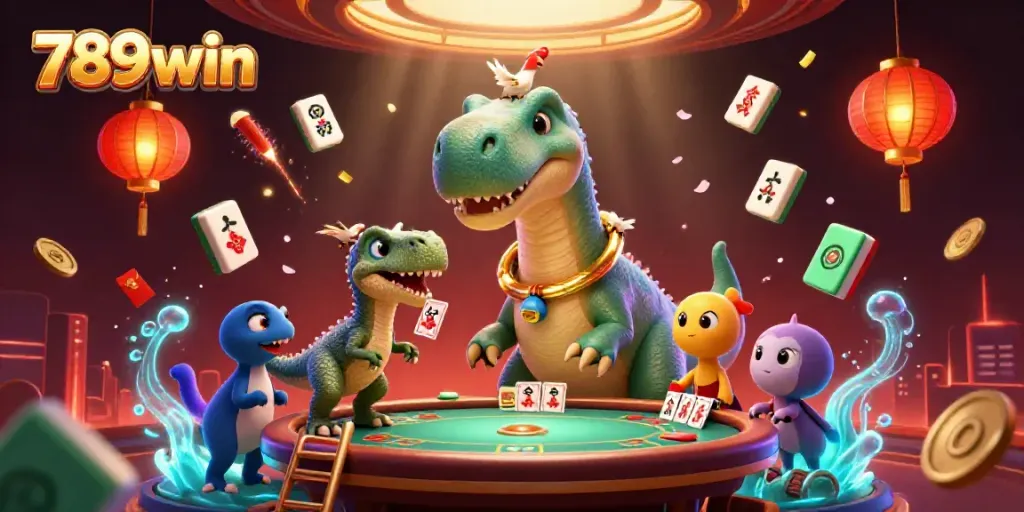Engage with 789win's vibrant casino scene featuring a tall brontosaurus and clever raptor dealing cards.
