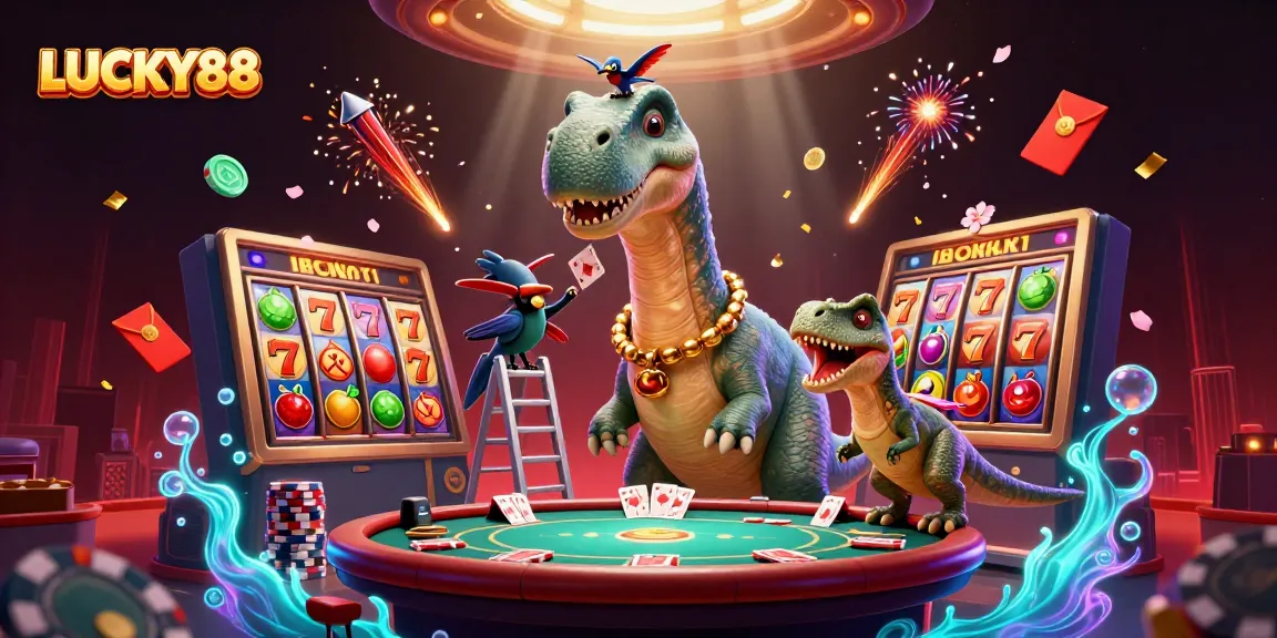 Engage in the thrilling world of LUCKY88 with a dynamic casino scene featuring a towering brontosaurus and raptor dealer.