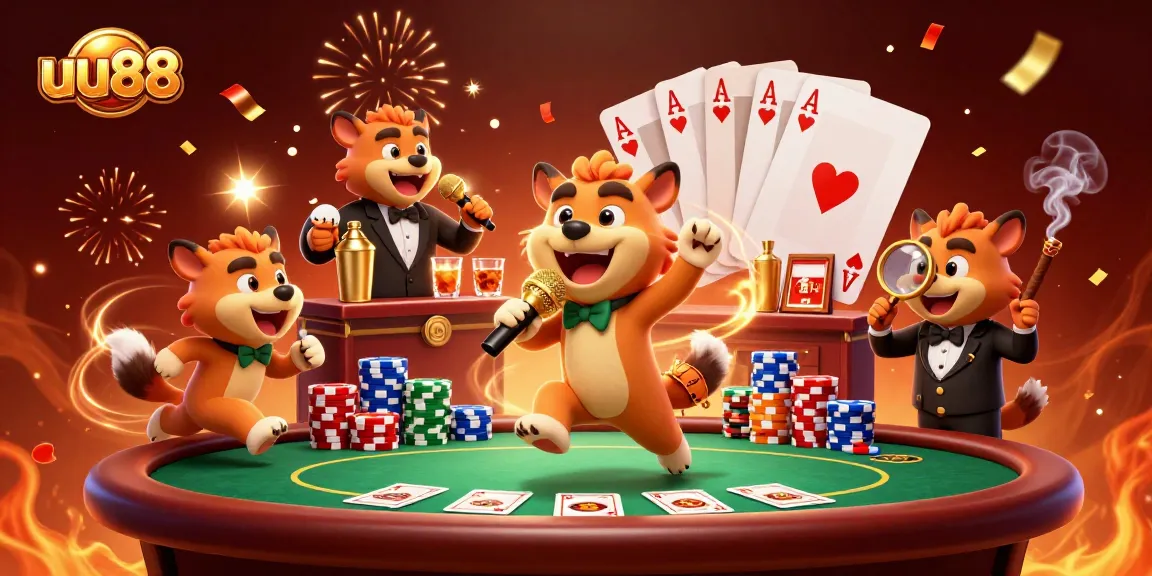 Experience the excitement at uu88 with hyenas in a casino scene, complete with poker elements and a vibrant atmosphere.