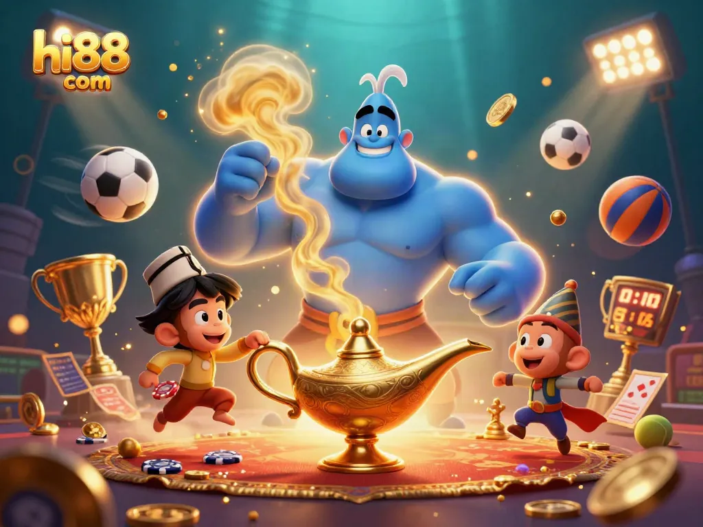 Engage with hi88 com by capturing excitement with a genie, sports elements, and a magic carpet in a vibrant casino scene.
