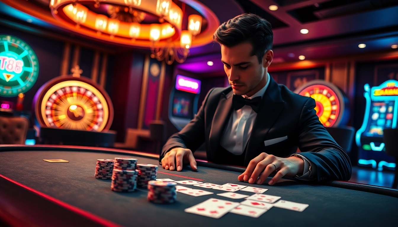 Experience high-stakes gambling with trang chỉ tg88 at a luxurious poker table and roulette.