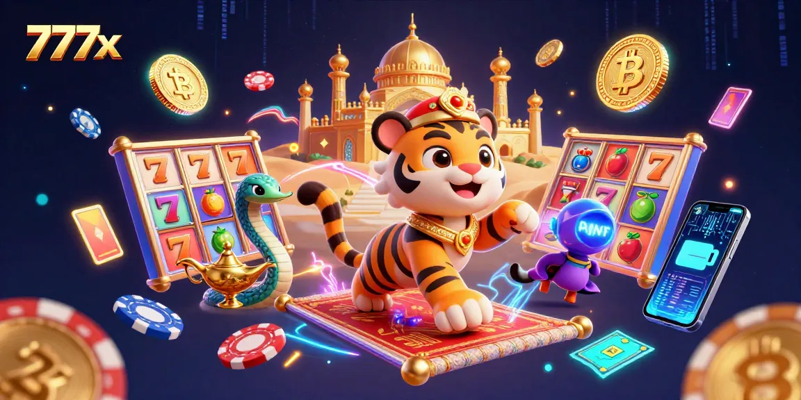 Engage in thrilling slots with 777x's vibrant 3D cartoon casino scene featuring lucky symbols and crypto currency elements.