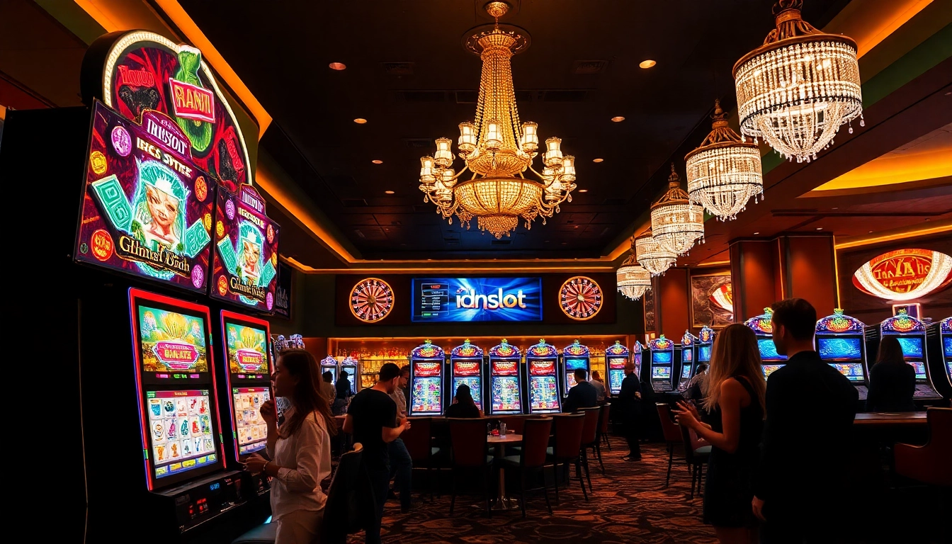 Players enjoying thrilling idnslot games at a vibrant casino with bright lights and luxury elements.