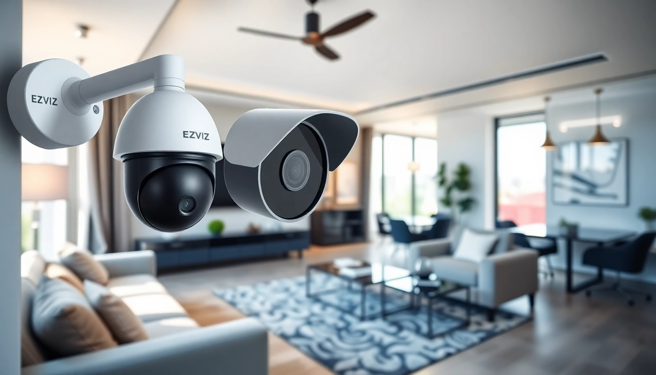 Cámaras EZVIZ que muestran soluciones modernas de seguridad para el hogar en un entorno elegante.