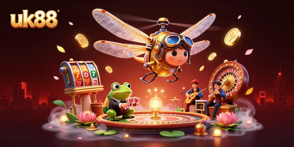 Experience thrilling gameplay at uk88 with a dynamic casino scene featuring a dragonfly pilot and lively frog dealer.