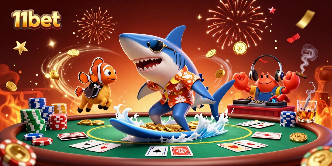 Experience thrilling poker action with 11bet's vibrant 3D characters surfing gold coins amidst celebration elements.