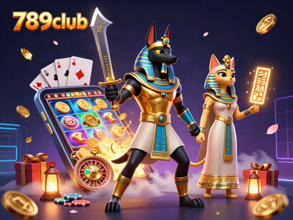 Immerse in the vibrant gameplay of 789clubb with Anubis and Bastet surrounded by slot game elements.