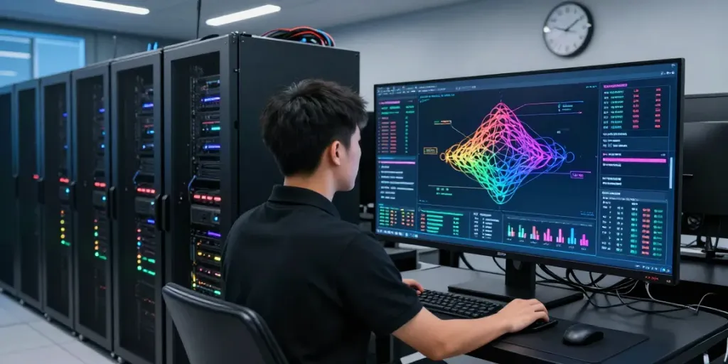 QQMacan's advanced gaming infrastructure with servers and monitoring technology ensuring optimal performance.