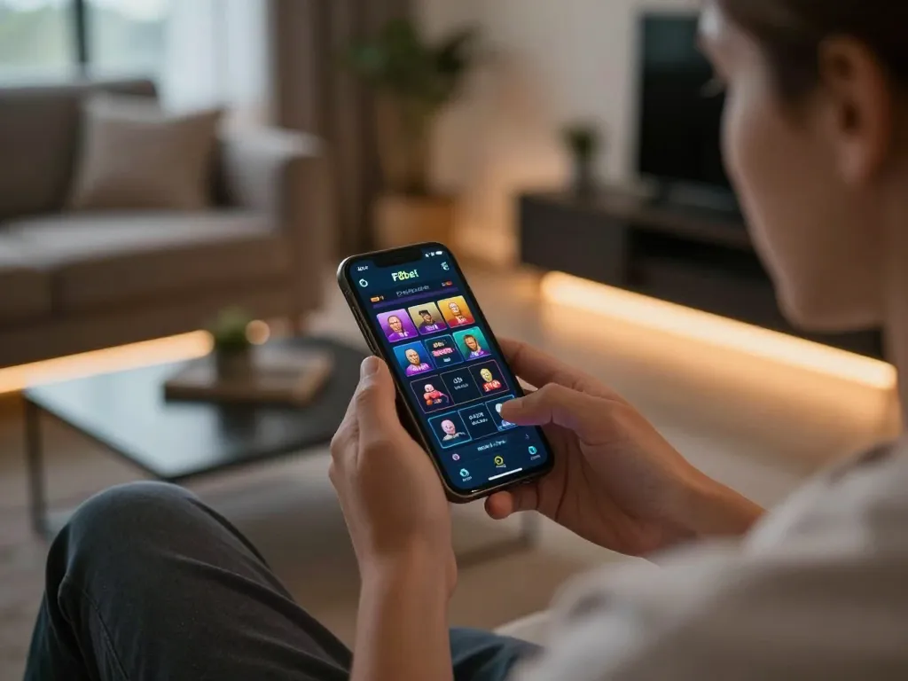 Player engaging with F8bet mobile app for online betting from a cozy living room.
