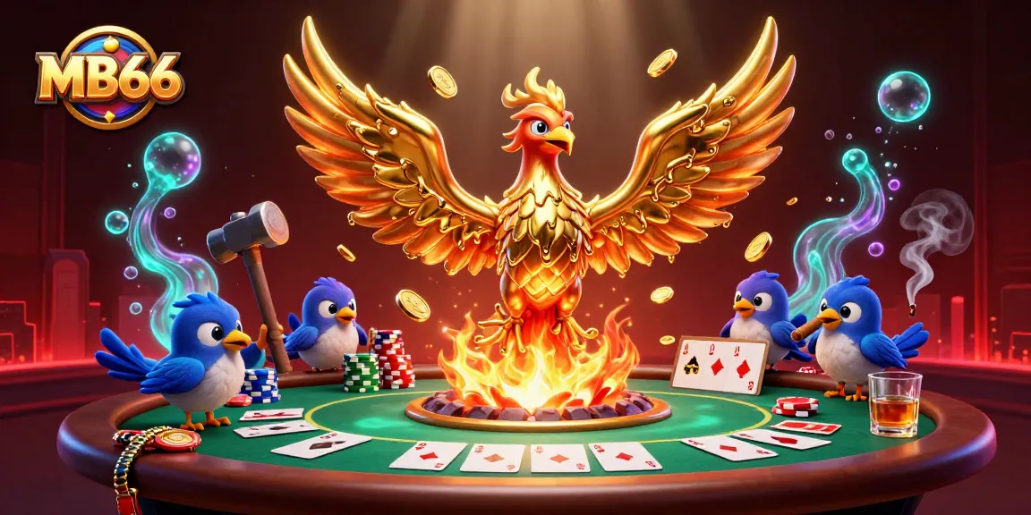 Experience thrilling gameplay at MB66 with a molten golden phoenix revealing a poker table filled with vibrant betting elements.