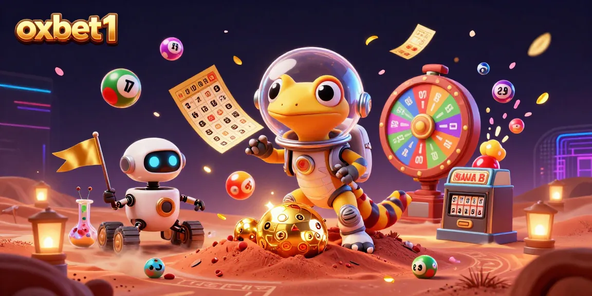 Engage with oxbet1's vibrant casino scene featuring lottery balls and a Martian gecko in 3D