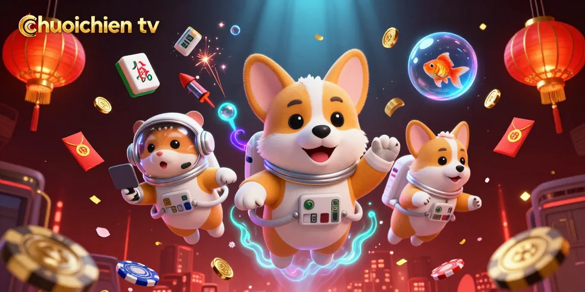 Join the action with chuoichien tv as the astronaut corgi floats among poker chips and coins in this captivating casino scene.