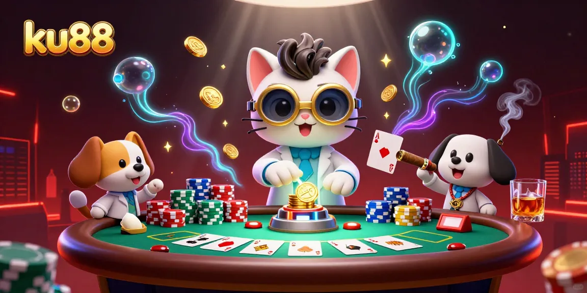 ku88 brings the excitement of poker with vibrant characters and casino elements in an animated scene