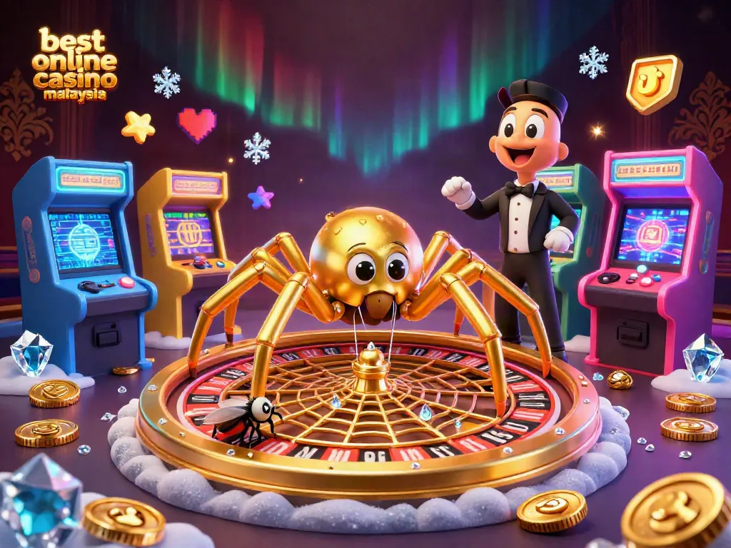 Experience the excitement of the best online casino malaysia with a golden roulette wheel web and interactive gaming elements.
