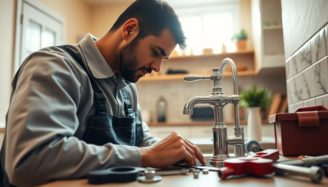 Expert plumber near me repairing a leaky faucet in a modern kitchen.