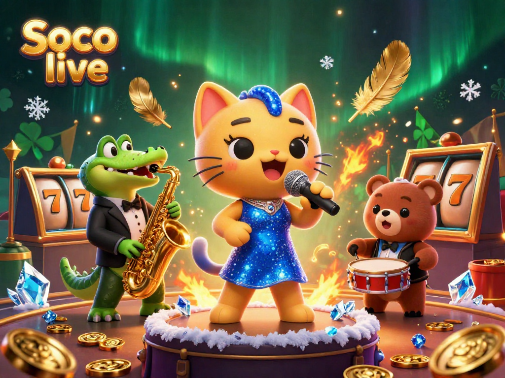 Soco live showcases an exciting casino scene with lively cartoon animals performing music, vibrant atmosphere.