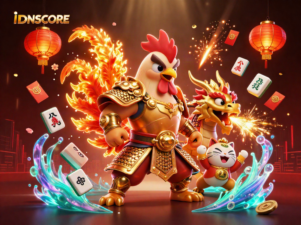 Engage with IDNSCORE's dynamic casino art featuring a fighting rooster and dragon in action.