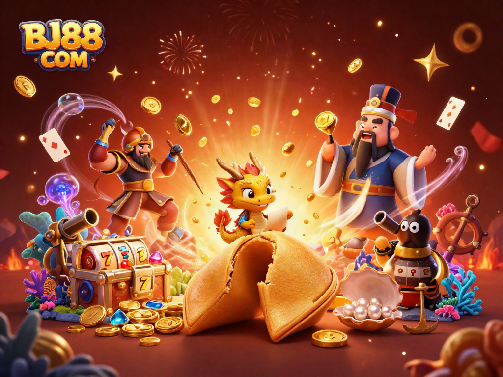 Bettors explore the excitement of BJ88 COM with a vibrant 3D casino illustration showcasing fortune cookies and gold.