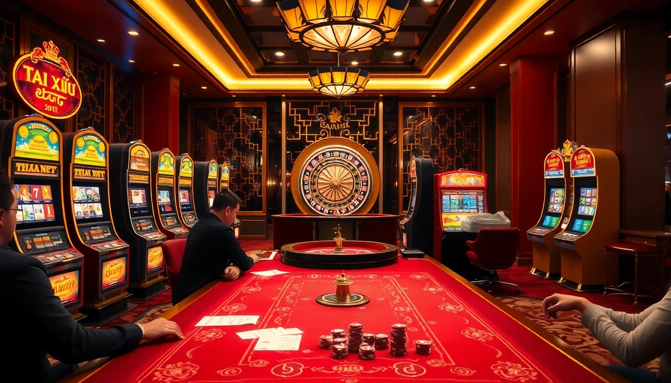Players engaging in Tài Xỉu at Haywin's luxurious casino with vibrant slot machines.