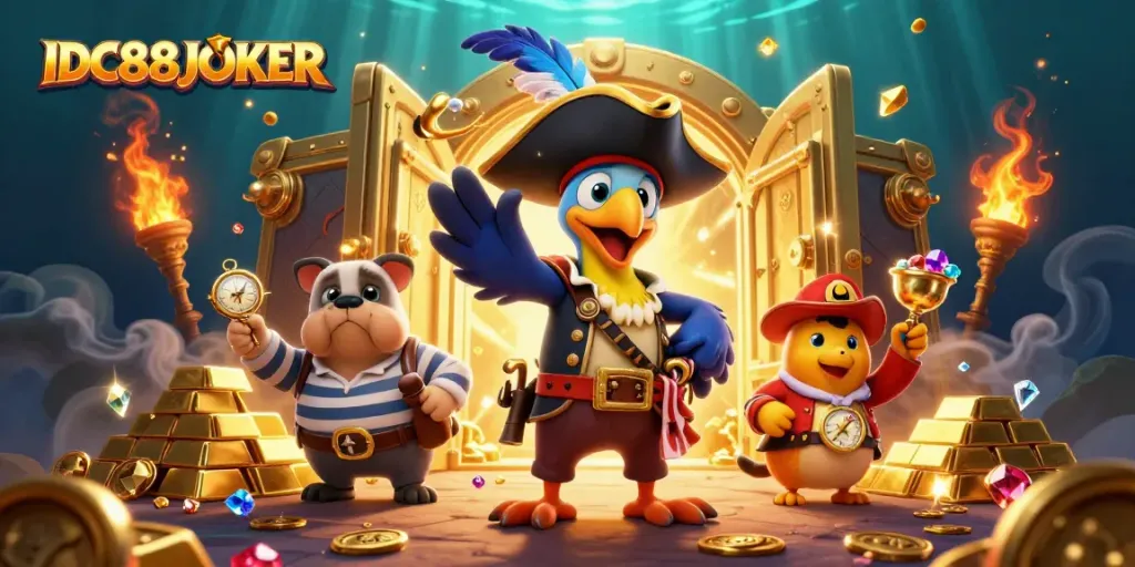 Experience thrilling games at IDC88JOKER with a vivid pirate-themed adventure illustration.