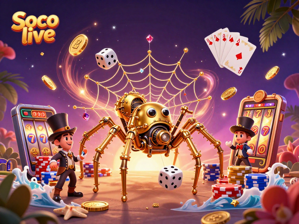 Soco live showcases an engaging casino scene with a steampunk spider and flying coins.